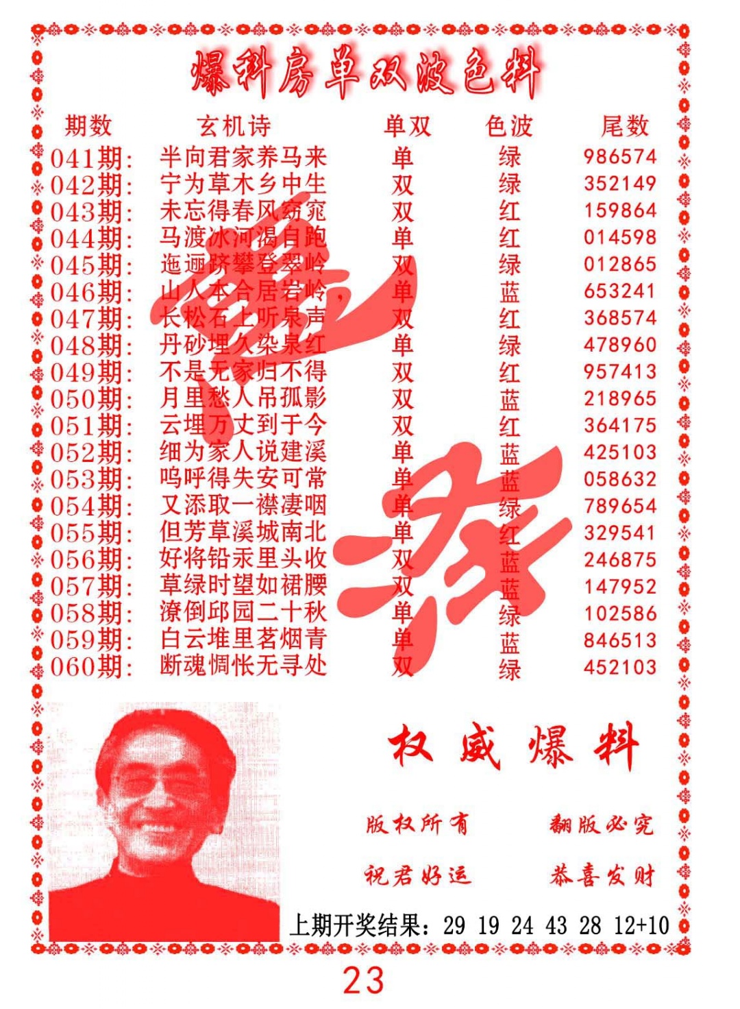 060期爆料房单双波色料[图]