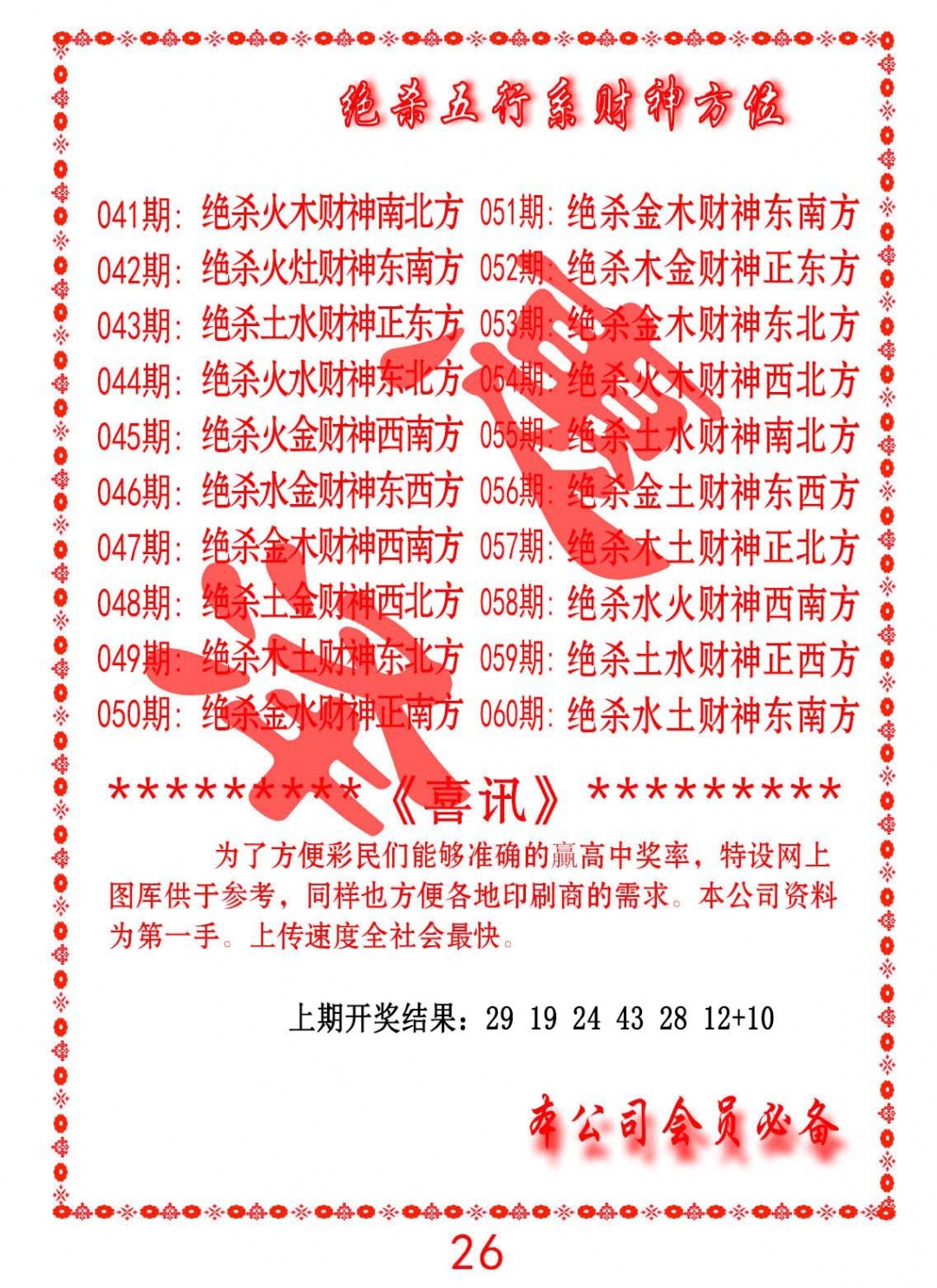 060期绝杀五行及财神方位[图]